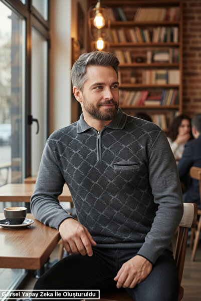 Kamalı Men's Gray Anti-Pilling Standard Fit Polo Neck Knit Sweater with Pockets
