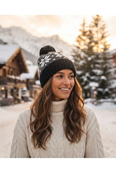 Fonem Unisex Pompon Siala Beanie Fo 2678 Black Patterned Knitted, Warm and St...