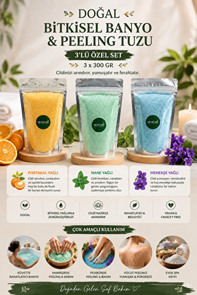 MUMYABİ 3’lü Banyo & Spa Tuz Seti Portakal Menekşe Nane Manikür & Pedikür İçi...