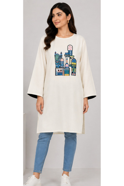 6TEEN Women’s Ivory / Off-White Embroidered Long Tunic (shirt)