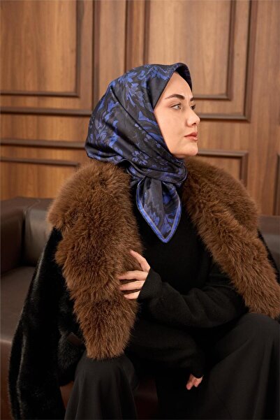 Silk Home Twill İpek Eşarp Koyu Lacivert-Saks Desenli Tok Duruşlu 90x90