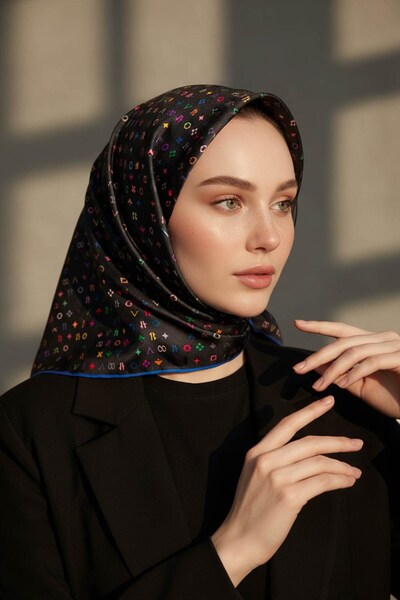 Vissona %100 Twill İpek Çıtır Motif Desenli Siyah - Saks Renkli 90x90 Eşarp D...