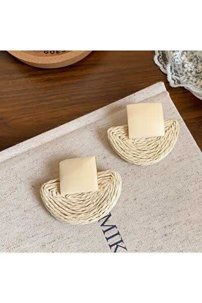 Choice White Bohemian Retro Wooden Raffia Weave Geometric Earrings, Versatile...