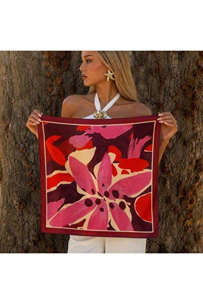 Axesoire 15317 Çiçek Desenli Kırmızı Saten Bandana Fular 50x50 cm
