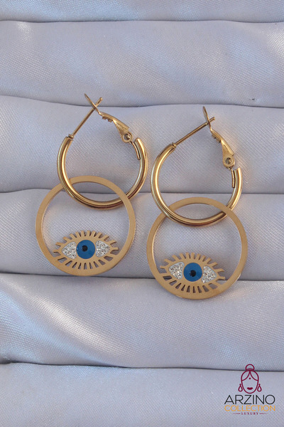 Generic Brand 316L Steel Gold Color Zircon Stone Blue Eye Design Hoop Earrings