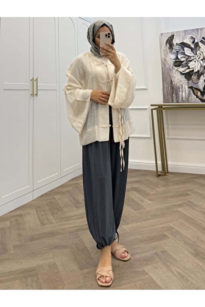 bezenstore SANDY BELİ LASTİKLİ GENİŞ PAÇA ANTRASİT ŞALVAR PANTOLON