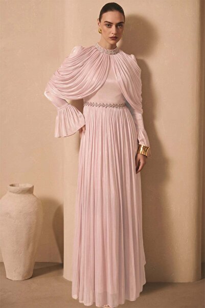 Olcay Volan- und Steindetail-Plissee-Yoryo-Seiden-Tesettür-Abendkleid PUDRA 1260