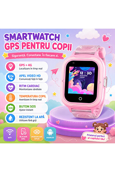Techone Ceas Smartwatch GPS Copii KT23T 4G, 1.4 inch, Apel video, Android, SOS, Spion, Roz