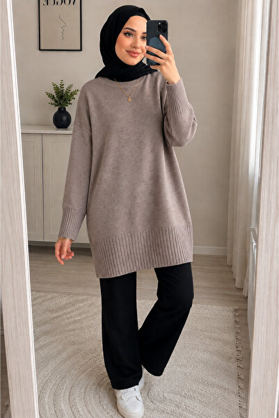 MODASPARK Vizon Bisiklet Yaka Oversize Triko Tunik