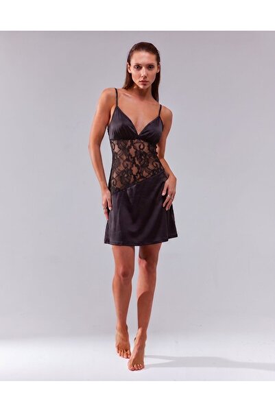valeza Diana Black Lace Detailed Satin Nightgown