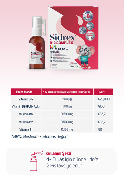 SIDREX B12 Complex Kids - Food Supplement Containing B12, B1, B2, B6 and Folic Acid