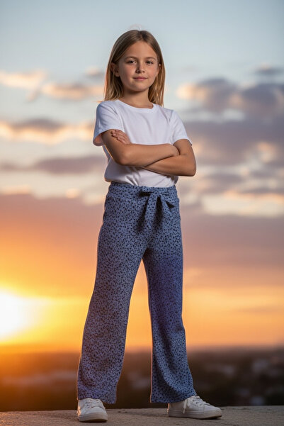 Kidiba Girl's Blue Color Patterned Comfortable Cut Wide Leg Pleated Trousers