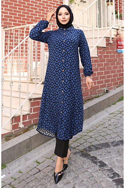 sefamerve Viscose fabric full-length buttoned long tunic 0071-02 cobalt blue