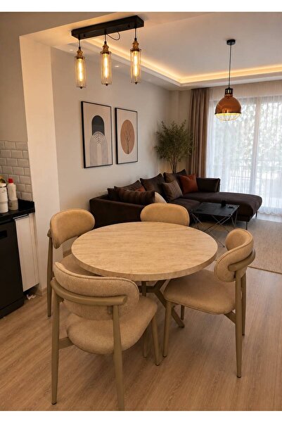 TOCE HOME Polo Serisi 4 Kişilik Travertan Masa 4 Adet Metal POLO SANDALYE