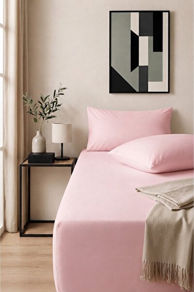 EVA Nova Series Pink Color Cotton Fitted Elastic Sheet Pillowcase