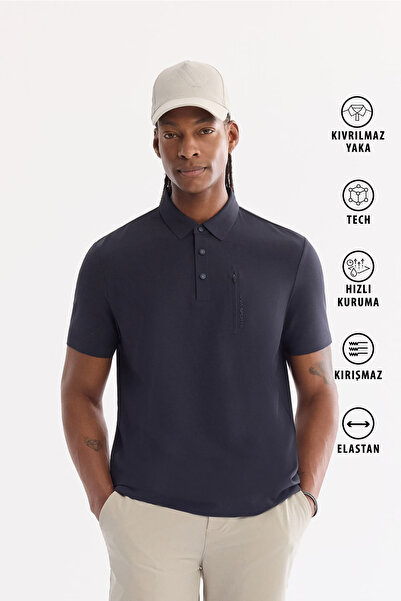 Avva Men's Navy Blue Non-Curling Polo Collar Non-Wrinkle Quick-Dry Technical ...