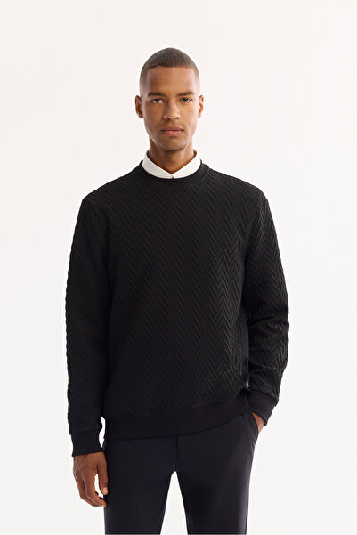 Avva Men's Black Crew Neck Textured Elastane Regular Fit Sweatshirt A52Y1216