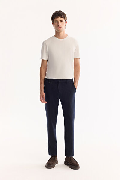 Avva Men's Navy Blue Viscose Blend Easy-Iron Striped Slim Fit Trousers A52Y3006
