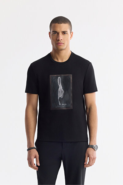 Avva Men's Black Crew Neck Printed Bi-Stretch Interlock Regular Fit T-Shirt A...
