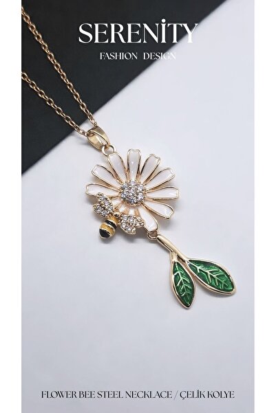 Serenity Leafy Daisy Bee Steel Necklace