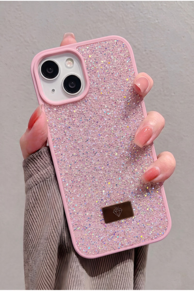 KVK PRİVACY iPhone 13 / 14 / 15 Uyumlu – Elmas Tasarımlı, Pembe Taşlı, Işıltı...