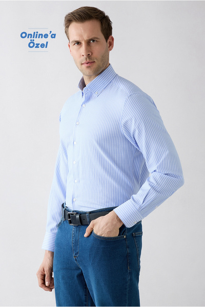 Kiğılı Long Sleeve Regular Fit Striped Button Collar Cotton Piece Easy to Wea...