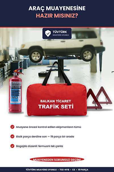 Balkan Ticaret Trafik Seti Tüv-Türk Muayene Uyumlu 1 Kg Yangın Tüpü Çift Reflektörlü Takozlu İlkyardım Seti 4 Yıllık Tüp