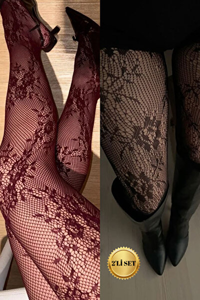 KIRMIZIUNDERWEAR Set of 2 Black and Burgundy Lace Patterned Fishnet Women's P...