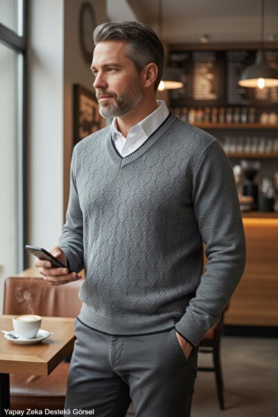 Kamalı Men's Gray Anti-Pilling Standard Fit Regular Cut V-Neck Knit Sweater