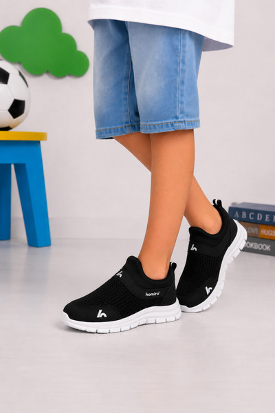 homiro Laceless Children's Knitwear Sports Shoes-Black and White