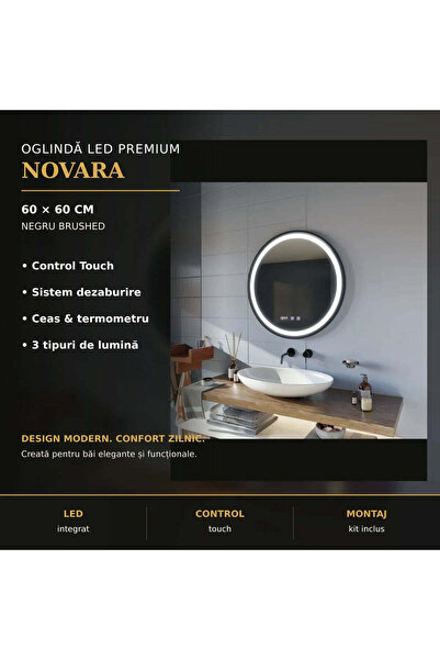 OEM Oglinda LED Touch NOVARA Sistem Dezaburire, Ceas si Temperatura 60 cm Ram...