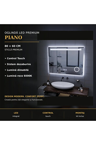 OEM Ορθογώνιος καθρέφτης LED, 80x60cm, Piano Touch, Σύστημα αποθάμβωσης, Ρυθμ...