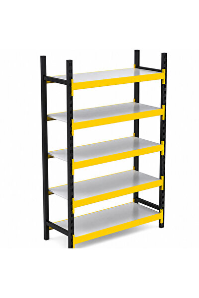RafBurada 5 Katlı Tekli Midi Rack - Ekonomik Depo,Arşiv, Kiler Rafı Siyah-Turuncu-35x90 cm-150 cm