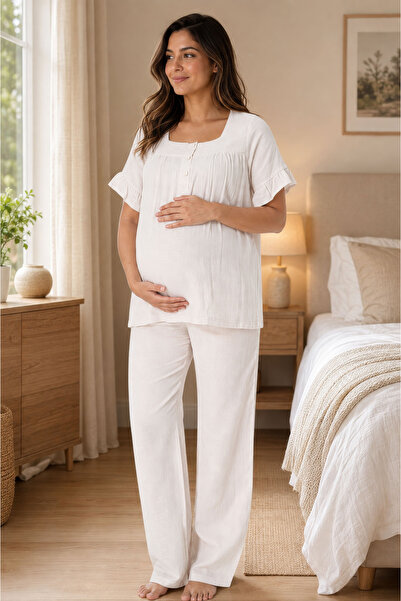 ByLohusa Soft Textured Muslin Fabric Maternity Set Effortt - Sand Beige