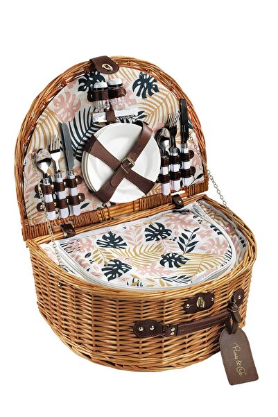 Picnic&co Piknik Sepeti 4 Kişilik El Yapımı Hasır Yarım Ay Piknik Seti Yaprak...