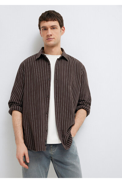 Mavi Çizgili Kahverengi Müslin Gömlek Loose Fit / Bol Rahat Kesim 0211969-91616