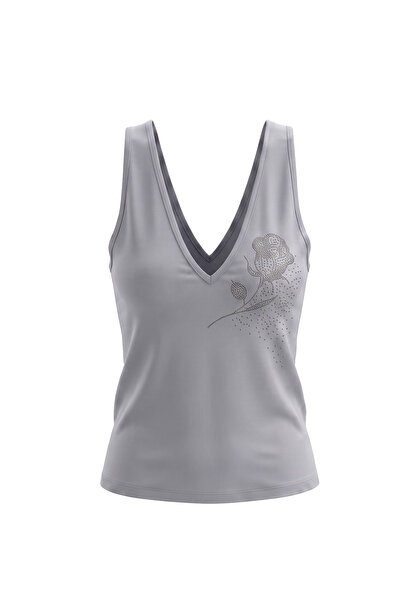 Linea Noir GÜL DESENLİ, Taşlı Tank Top T-shirt , %95 Pamuk, Kadın, Slim , V Y...