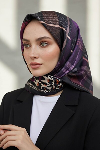 Vissona %100 Twill İpek Ekoseli Ve Leopar Desenli Mürdüm - Taba Renkli 90x90 ...