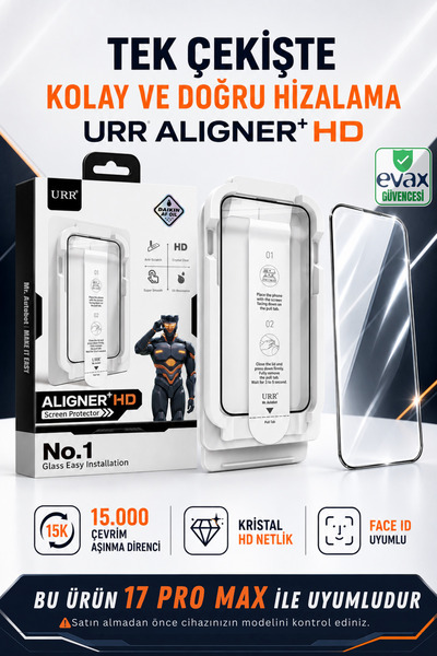 Evax [URR] iPhone 17 Pro Uyumlu Aligner+ HD Takma Aparatlı Tam Kaplayan Cam E...
