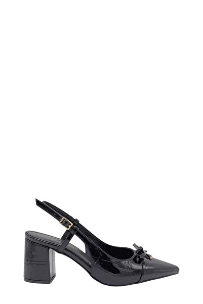 Moulin Shoes حذاء نسائي بكعب سميك مفتوح من الخلف من جلد التمساح الأسود