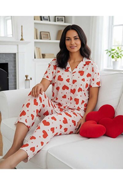 NiCe İç Giyim Λευκό χρώμα Κόκκινο πουκάμισο με σχέδιο καρδιάς με γιακά και κο...