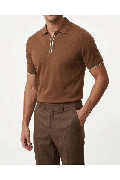 TerziAdemAltun Ιταλικό στυλ slim fit πλεκτό μπλουζάκι με λαιμόκοψη πόλο τούβλ...