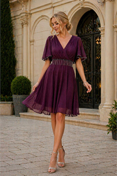 Divin store Δαμασκηνί μωβ φόρεμα με γκλίτερ και βέλονα, με ασημένιες λεπτομέρ...