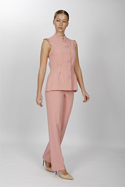 ÖNDER ÖZSOY Haki̇m Collar Pleated Vest Suit 1537505-Pudra - 1537505