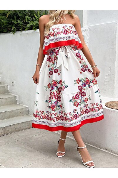 Iuliashop Rochie midi albă Lavinia cu imprimeu floral - M