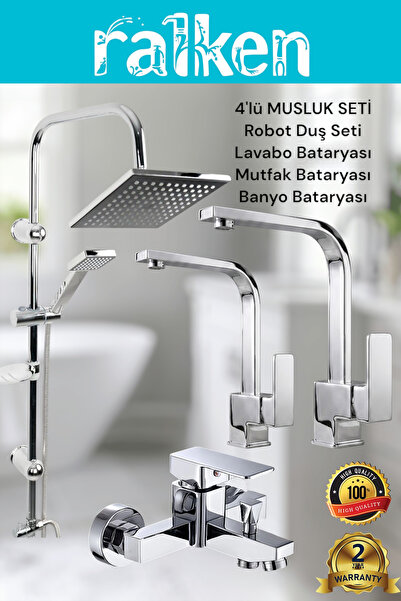 RALKEN 4’lü Batarya Seti Krom Pirinç Kare Banyo Kare Lavabo Kare Mutfak Eviye...