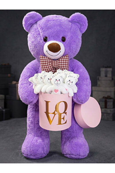 lenostra 90 cm Dev Mor Peluş Ayı ve Pembe Love Kutulu 15'li Ayıcık Hediye Set...