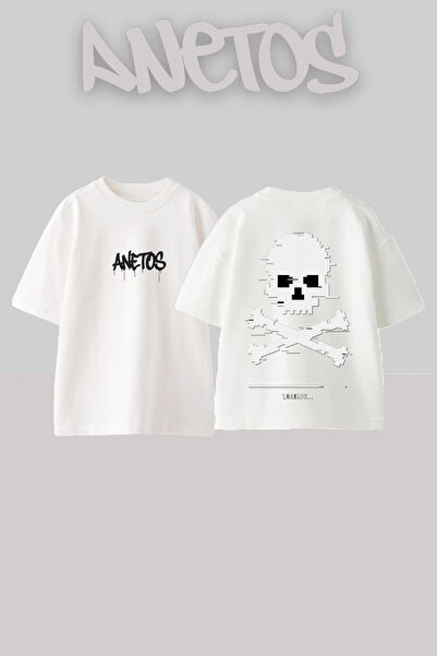 Anetos Μπλουζάκι με σχέδιο Pixel Skull, με στάμπα στην πλάτη, από βαμβάκι, λε...