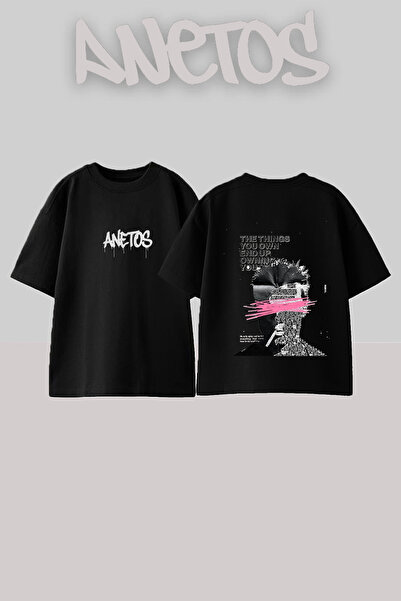 Anetos Fight Club 1 Design Back Printed Βαμβακερό μαύρο μπλουζάκι Oversize