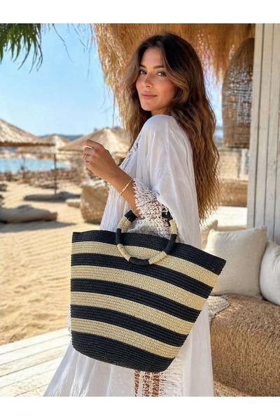 FELLMENS Μαύρη ριγέ ψάθινη γυναικεία τσάντα